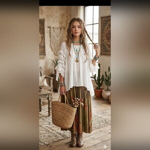 POL Boho Ruffled Sleeve White Tunic Top